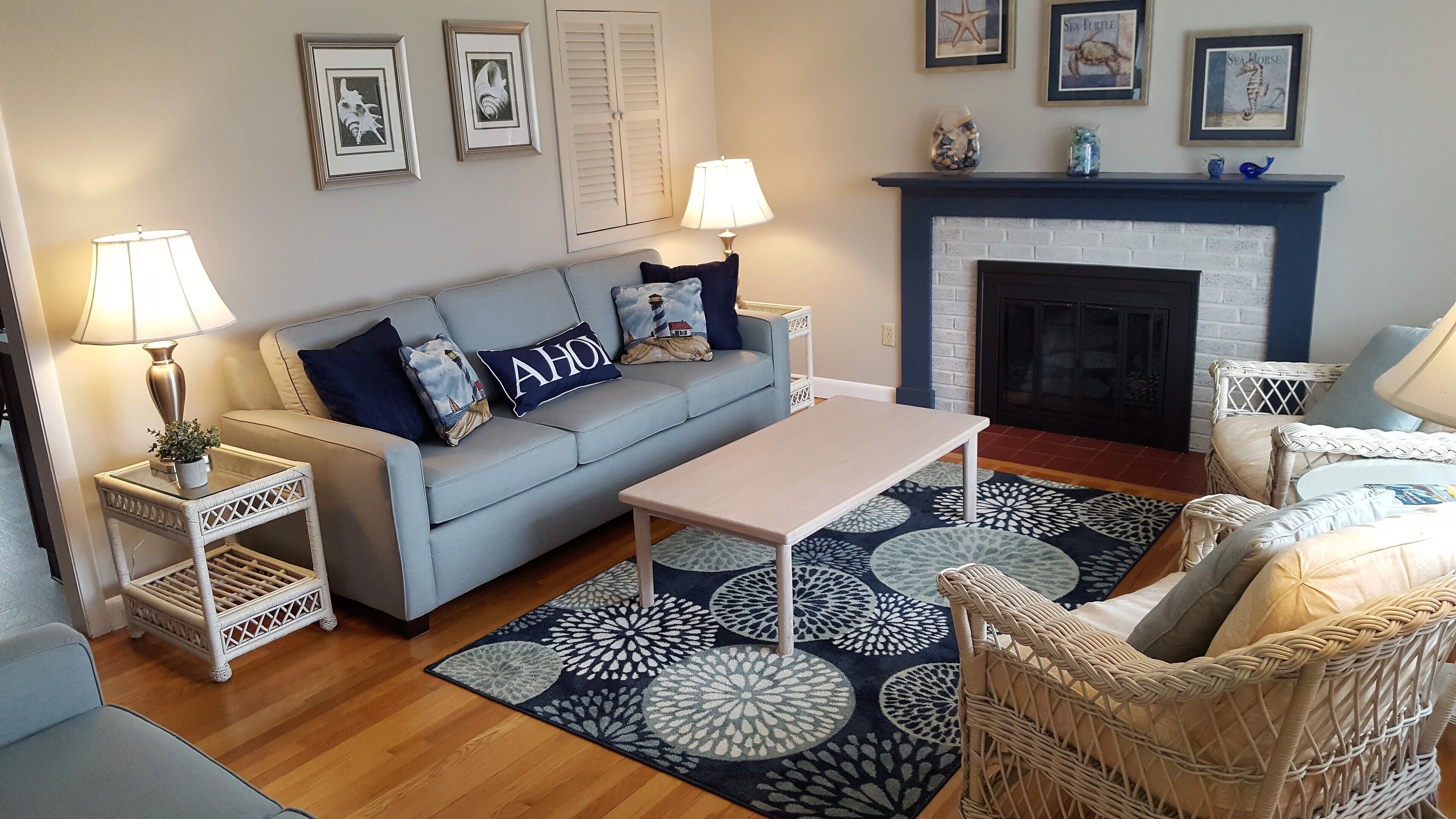 Smart TV, fireplace, DVD player, books