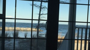 En vy genom ett fönster med ett rutmönster, med utsikt över en strand med en stenig kustlinje och en vit byggnad i fjärran.