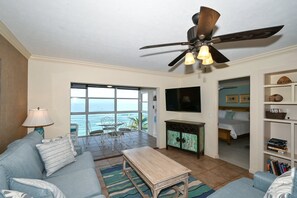 Televisio, DVD-soitin, kirjoja, stereot