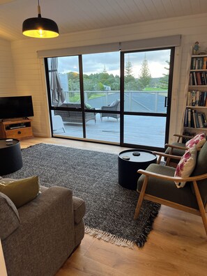 Smart-TV, peis, DVD-spiller og bøker