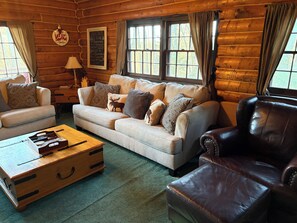 Flat-screen TV, fireplace, DVD player, books