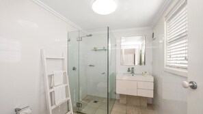Shower, hair dryer, towels