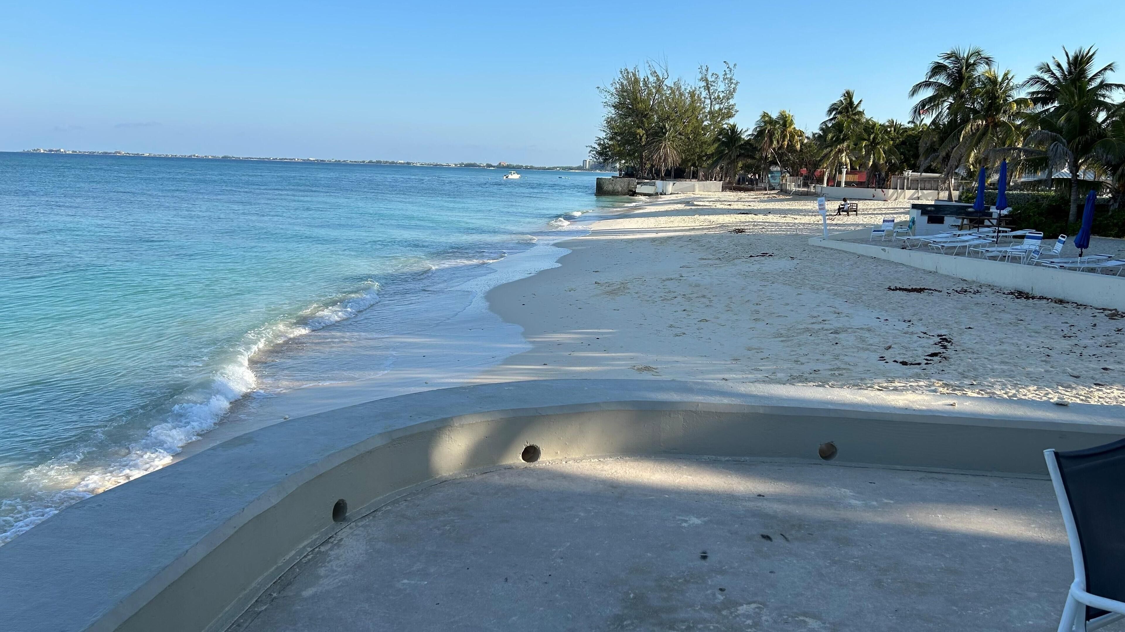 Una playa con agua azul cristalina, una orilla arenosa y algunas palmeras.