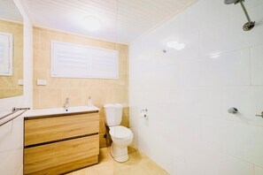 Shower, hair dryer, towels