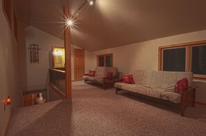 Smart TV, fireplace, DVD player, video library