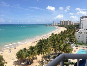 Une plage bordée de palmiers, une piscine et, au loin, une vue sur la ville.