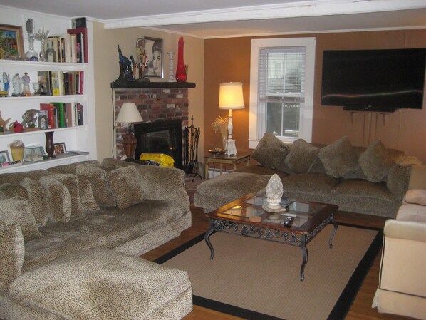 Smart TV, chimenea, reproductor de DVD y libros 