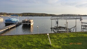 A calm lake with boats docked at a pier, surrounded by greenery and a clear sky.