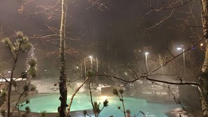 A nighttime view of a pool area surrounded by trees, with a person standing by the pool. - Ski in/out Premium Solitude Powderhorn Lodge 1BR (SOLITUDE)