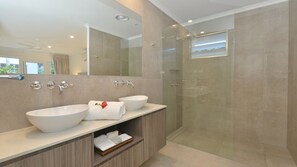 Hair dryer, towels, soap, shampoo