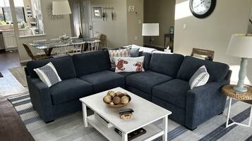 Smart TV, fireplace, books, music library