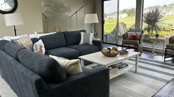 Smart TV, fireplace, books, music library