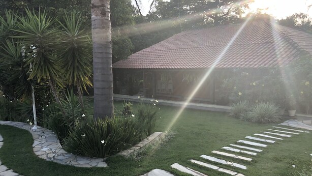 Un sendero de piedra que lleva a un edificio con tejado de tejas, rodeado de exuberante vegetación y un césped cuidado.