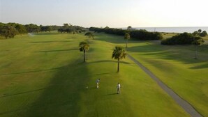 Um campo de golfe com um caminho bem definido, palmeiras e vista para o oceano.