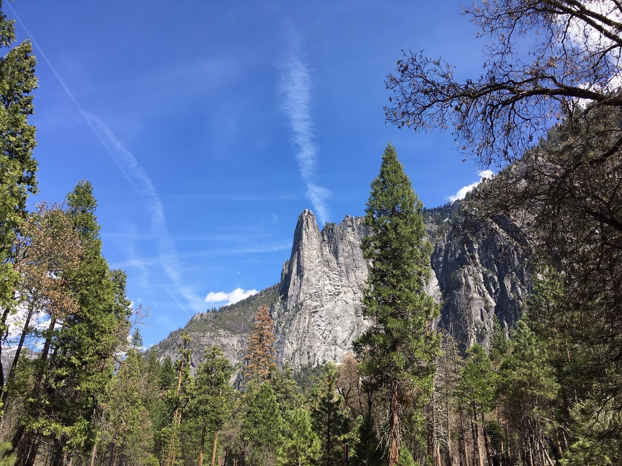 Een bergachtig landschap met een opvallende rotsachtige top, dicht bos en helderblauwe lucht.