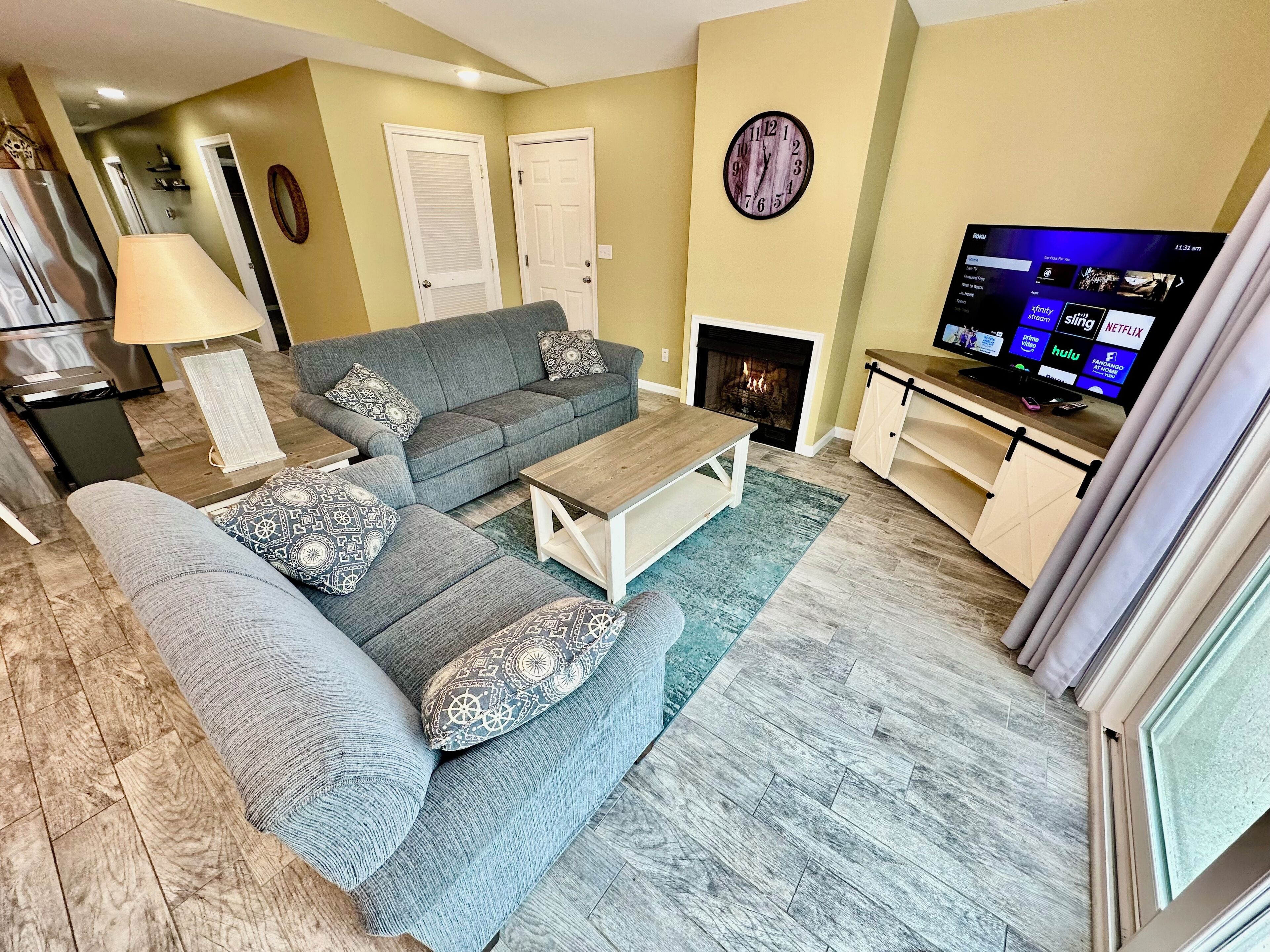 TV, fireplace, DVD player, stereo