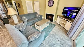TV, fireplace, DVD player, stereo