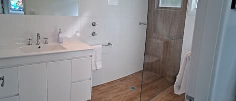Shower, hair dryer, towels, soap