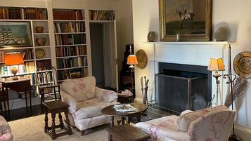 Smart TV, fireplace, books