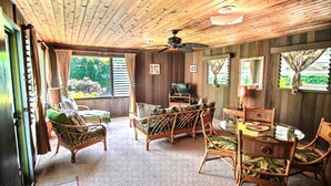 A room with a wooden ceiling, a ceiling fan, a television, wicker furniture, and large windows with curtains.
