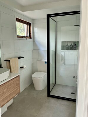Combined shower/tub, hair dryer, towels, soap