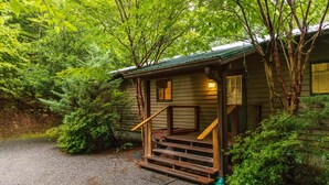 A wooden cabin with a porch and steps leading to a door, surrounded by dense greenery.