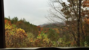 A view from a window with a water feature in the foreground, overlooking a forested landscape with autumn foliage.