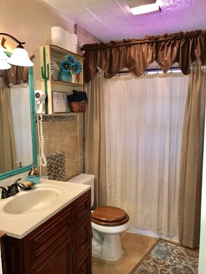 A bathroom with a sink, vanity, toilet, and shower curtain. - SPECTACULAR LODGE ON PRIVATE RANCH. PERFECT FOR SMALL AND LARGE GATHERINGS! (LEAKEY)