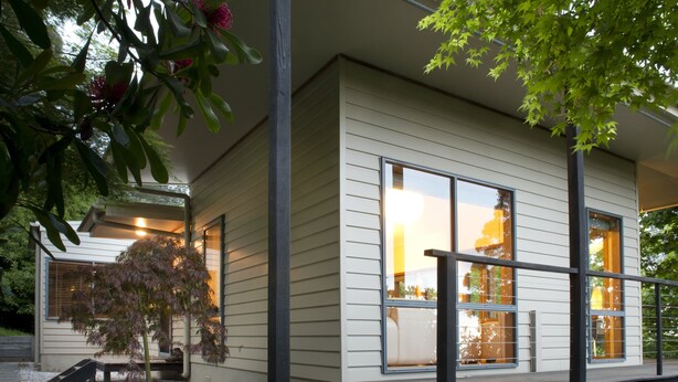 Een modern huis met grote ramen, een houten terras en een plant in een pot.