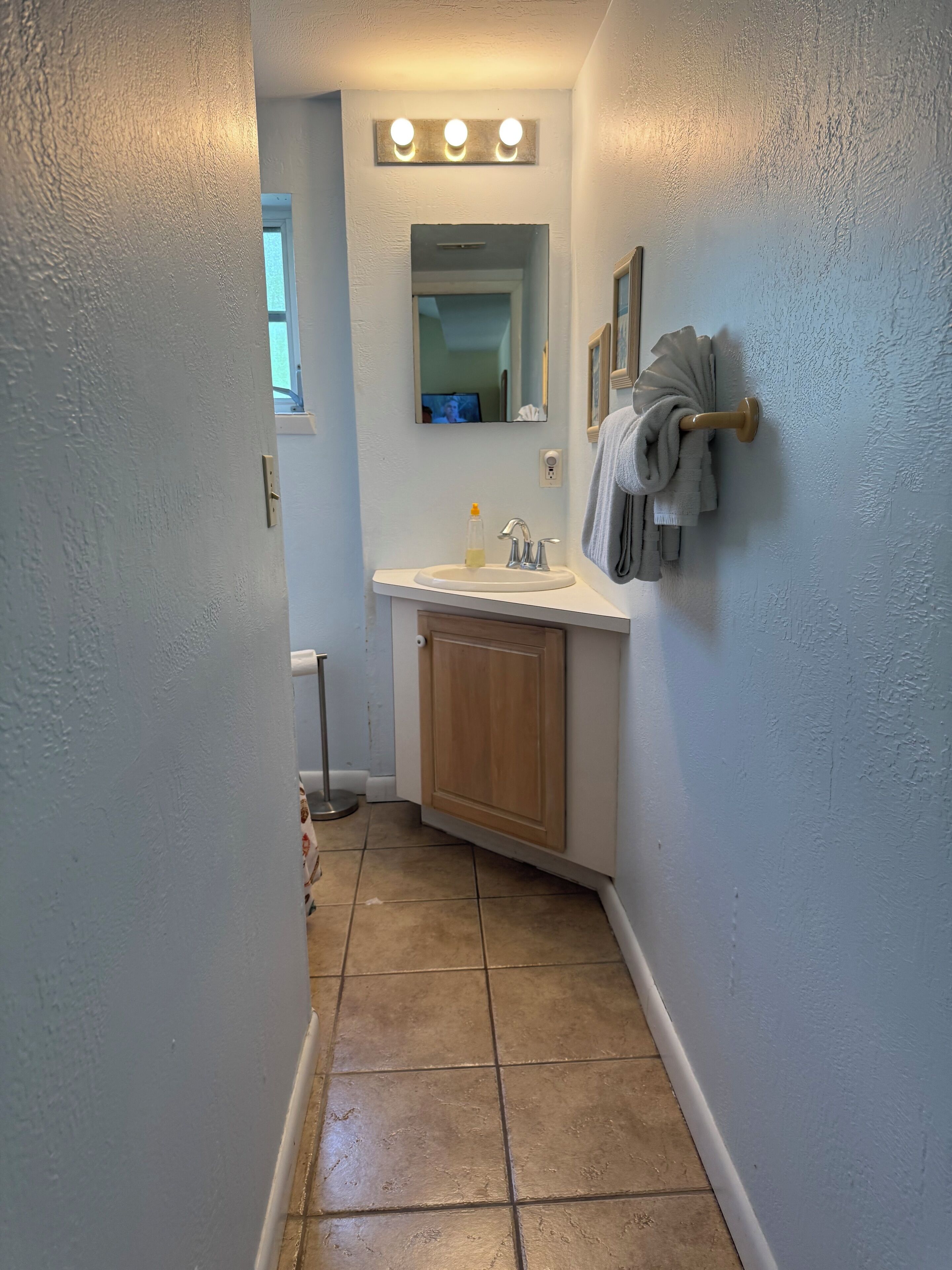 A narrow bathroom with a white sink, a mirror, and a towel rack.