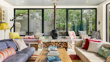 TV, fireplace, toys, books