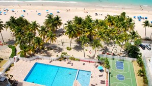 A beach resort with a swimming pool, beach umbrellas, and palm trees. - Stunning 18th floor remodeled 2/2, beachfront! MONTHLY RENTALS CONSIDERED (Carolina)