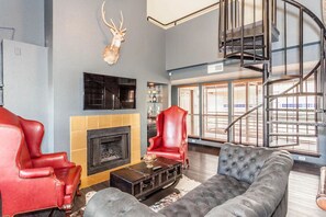 TV, fireplace, books