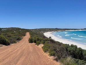En støvet vej der fører til en strand med klart, blåt vand og grøn vegetation.