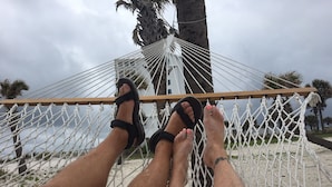 A hammock tied between two palm trees with a view of the beach and a building in the background. - Perdido Key/Pensacola Pass sleeps 14 (Pensacola)