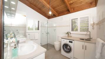 Shower, eco-friendly toiletries, hair dryer, towels
