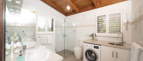 Shower, eco-friendly toiletries, hair dryer, towels