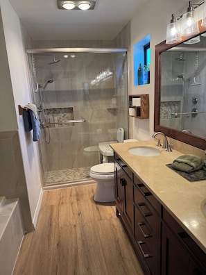 Combined shower/tub, jetted tub, hair dryer, towels