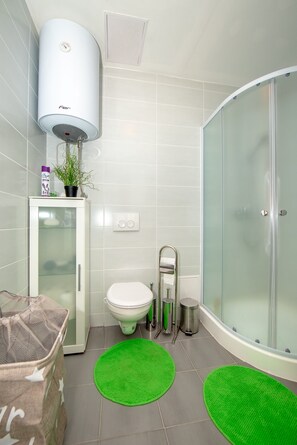 Shower, hair dryer, slippers, towels