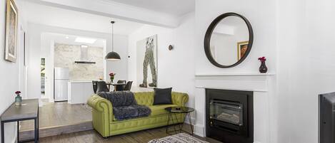 TV, fireplace, books