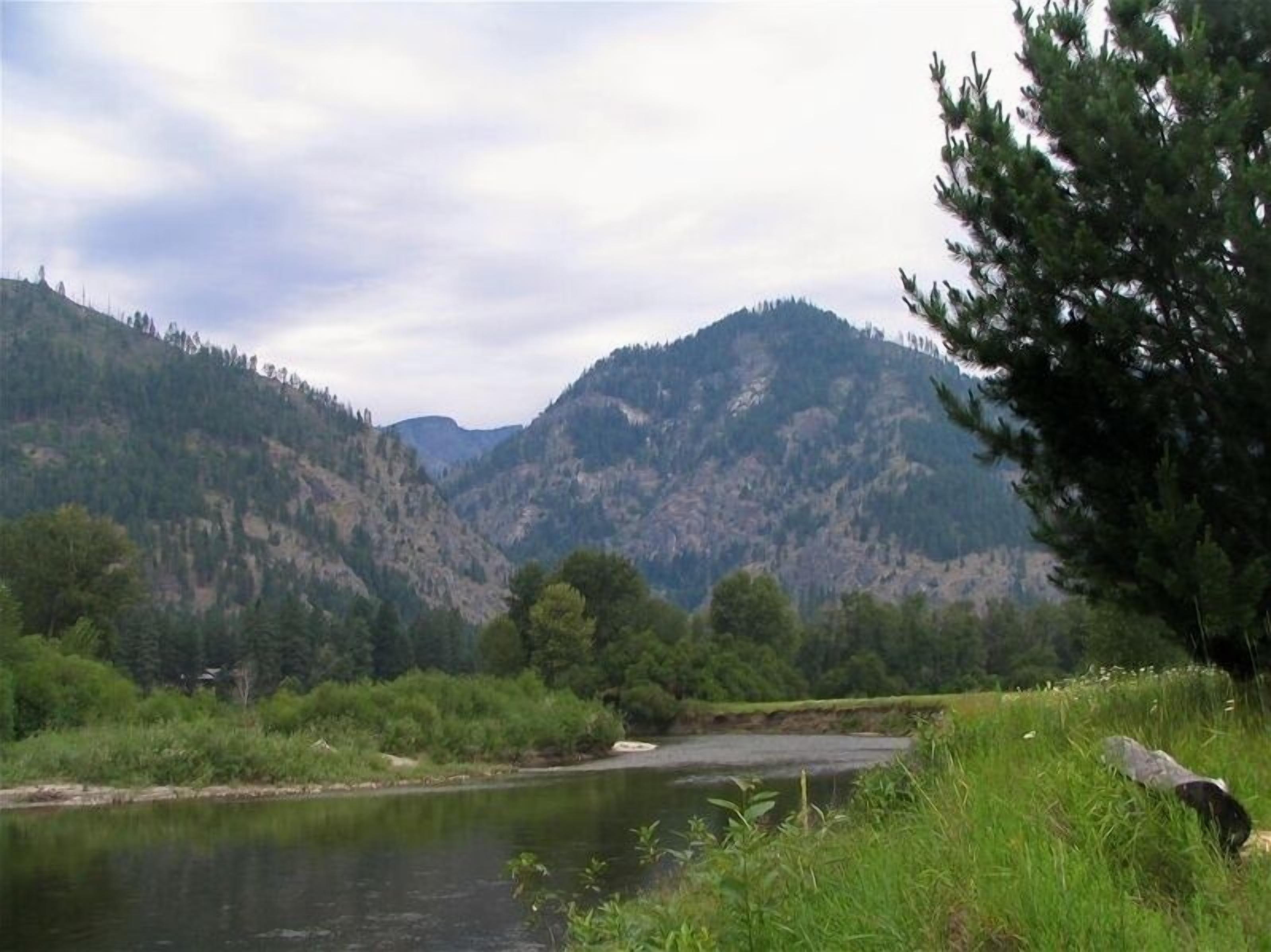 Une rivière qui traverse une vallée, avec des montagnes en arrière-plan.
