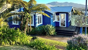 A blue house with a satellite dish, surrounded by lush greenery and a clear view of mountains in the background.