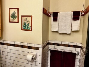 A bathroom with a toilet paper holder, two framed botanical prints, and a towel rack with three towels.