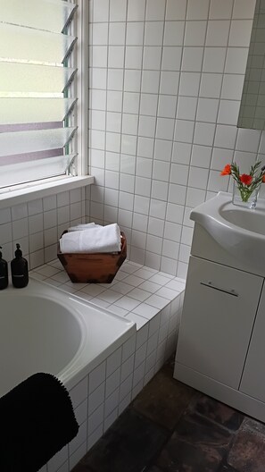 Duschwanne, Haartrockner, Handtücher, Seife