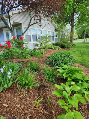 A residential garden with a variety of plants and flowers, a house with a porch, and a well-maintained lawn. - Beautiful condo with a waterview is a short walk to shops and restaurants. (Saugatuck)