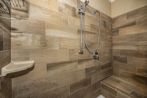 Combined shower/tub, hair dryer, towels, soap