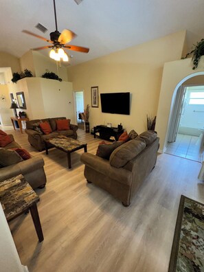 Smart TV, video games, DVD player, foosball