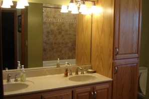 Combined shower/bathtub, jetted bath, hair dryer, towels