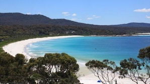 A coastal beach with clear turquoise waters, white sandy shores, and dense green forest in the background. - SEA EAGLE COTTAGE Bay of Fires PEOPLES CHOICE TAS (Binalong Bay)