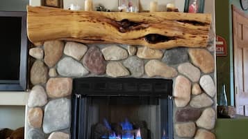 A stone fireplace with a log shelf above it, a television mounted on the wall, and a dog lying on the floor.